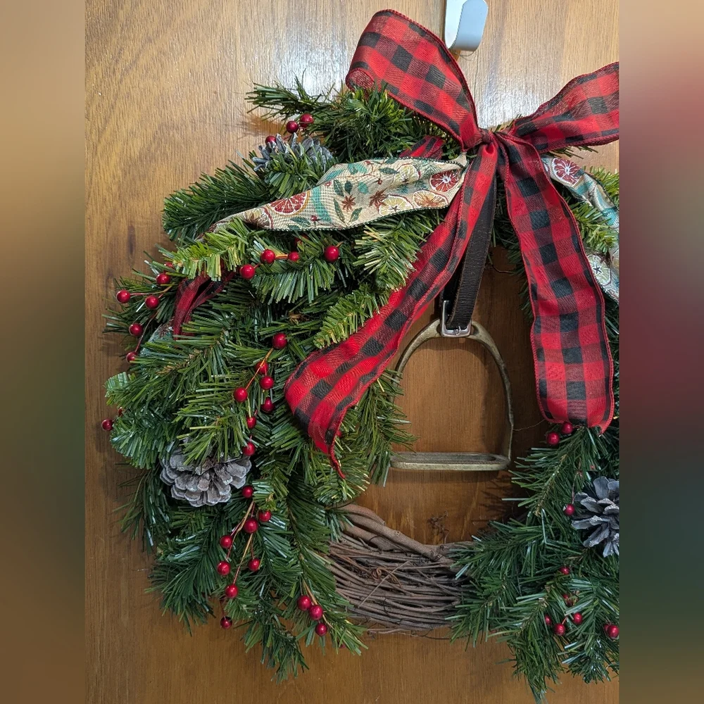 Rustic Equestrian Stirrup Holiday Wreath with Red Plaid Bow